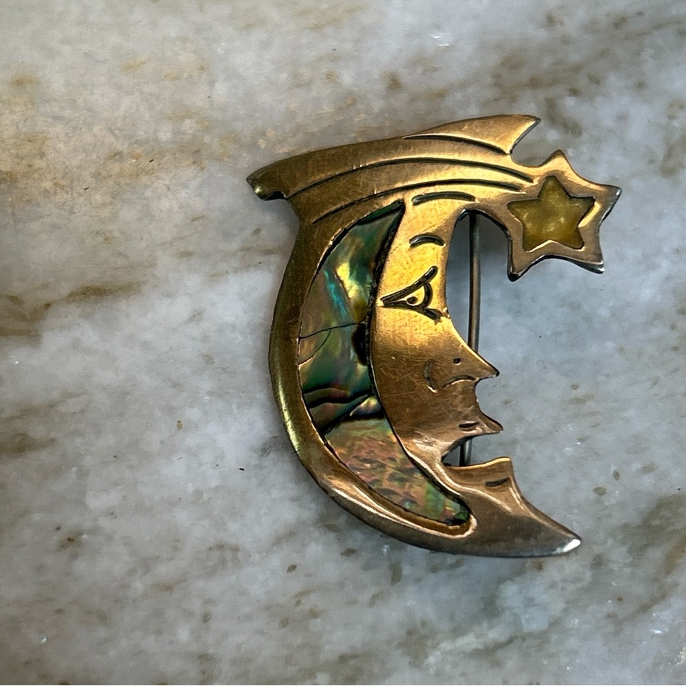 Alpaca Mexican Silver Brooch Pin Abalone Shell Crescent Moon Shooting Star